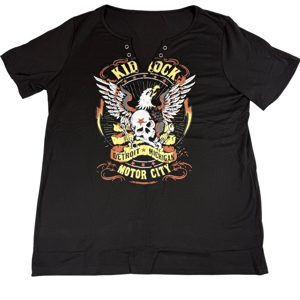 Kid Rock Detroit Michigan Motor City Graphic Tee Shirt XL Black Grommet V-Neck